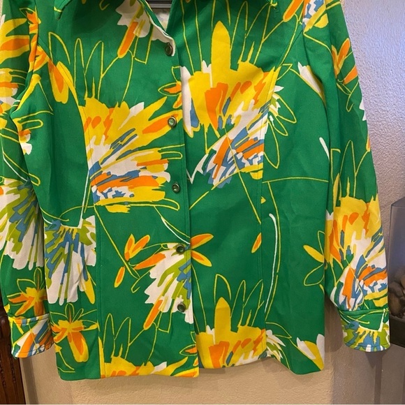 Vintage ALEX GARAY Women Green Yellow Floral Retro Button Shirt Jacket Size 16 - Picture 3 of 7